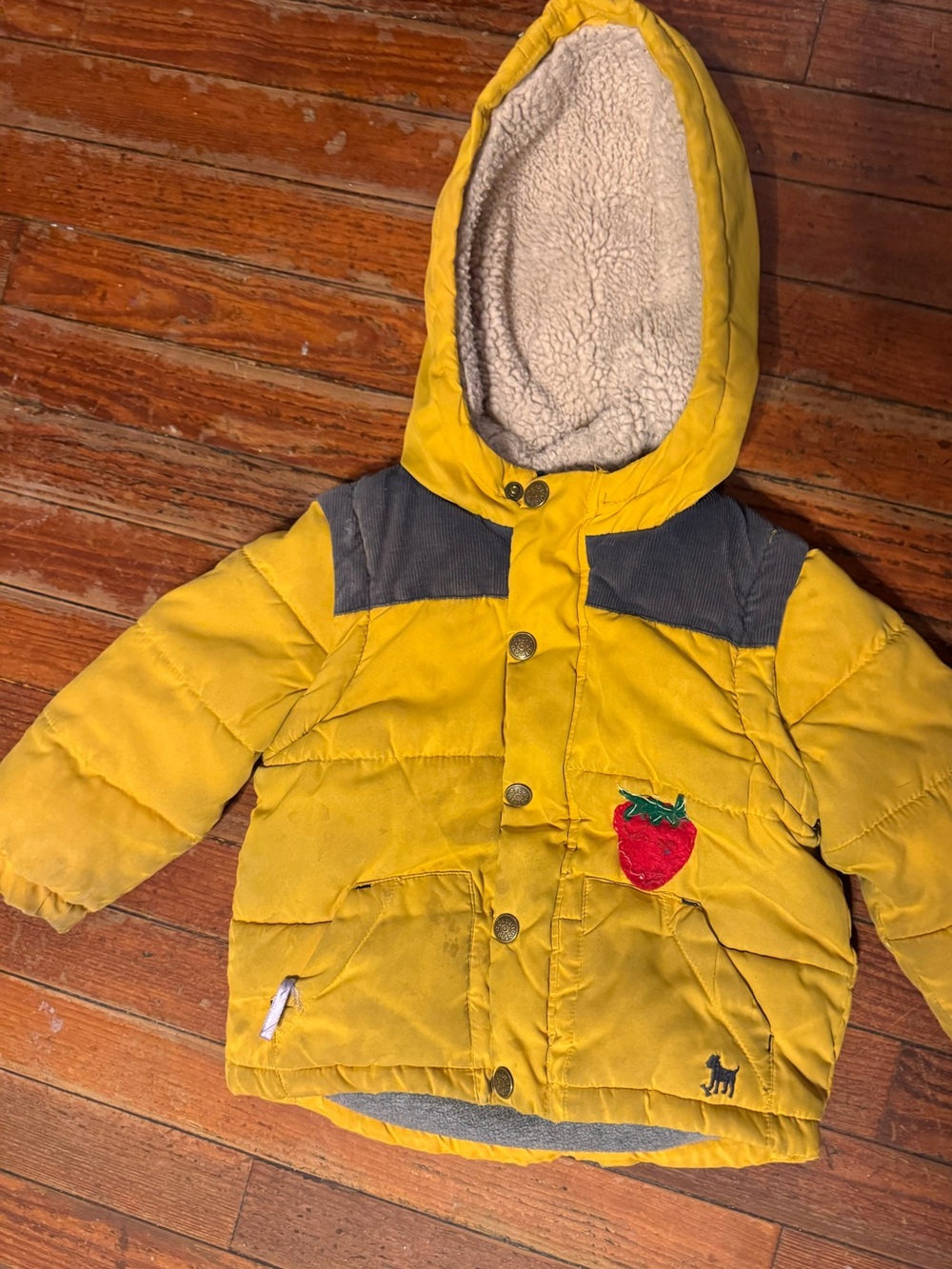 Baby Boden Yellow Puffer Jacket with Red Strawberry Patch
